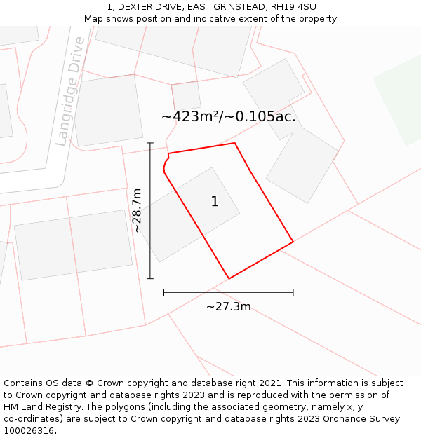 1, DEXTER DRIVE, EAST GRINSTEAD, RH19 4SU: Plot and title map