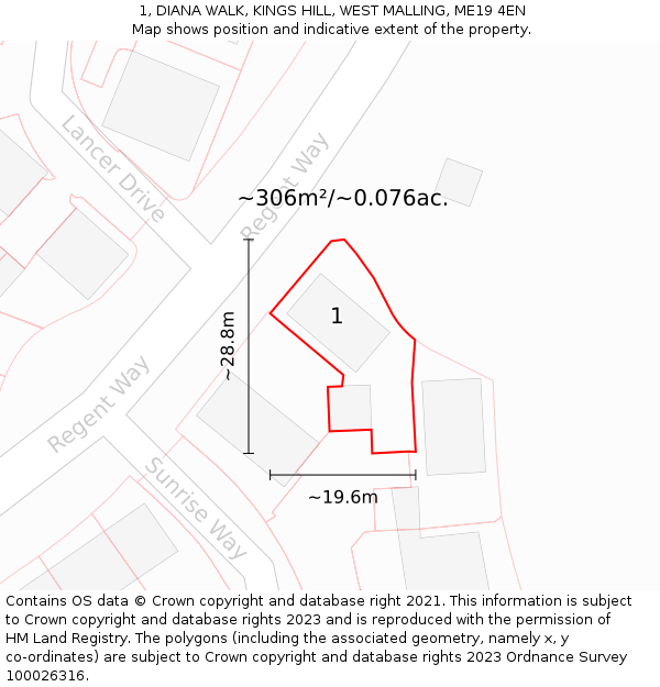 1, DIANA WALK, KINGS HILL, WEST MALLING, ME19 4EN: Plot and title map