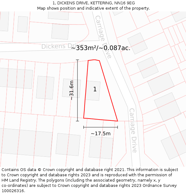 1, DICKENS DRIVE, KETTERING, NN16 9EG: Plot and title map