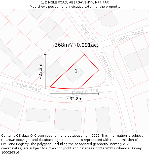 1, DINGLE ROAD, ABERGAVENNY, NP7 7AR: Plot and title map
