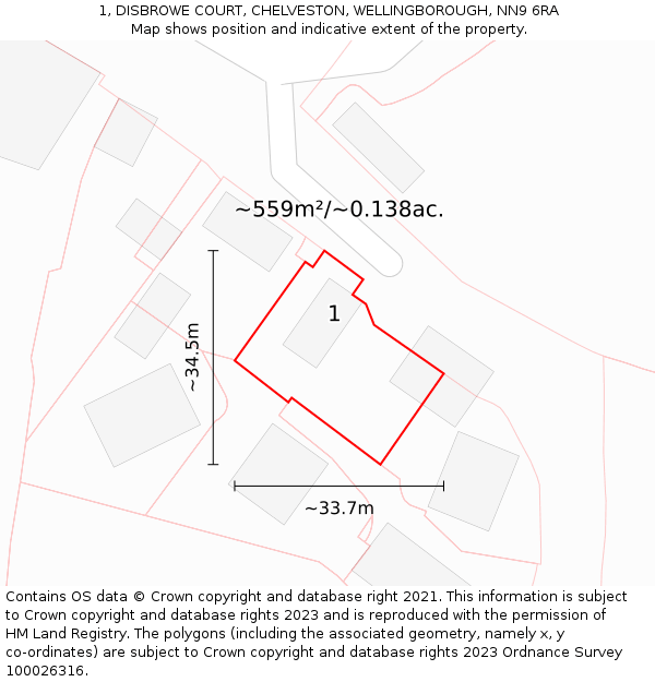 1, DISBROWE COURT, CHELVESTON, WELLINGBOROUGH, NN9 6RA: Plot and title map