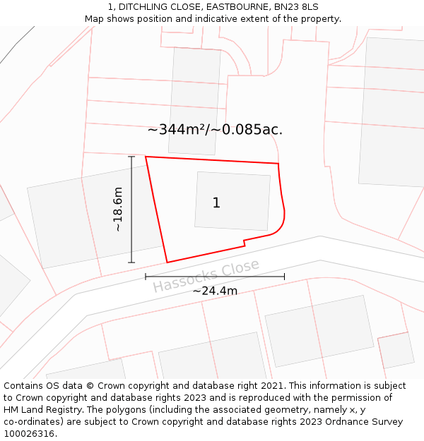 1, DITCHLING CLOSE, EASTBOURNE, BN23 8LS: Plot and title map