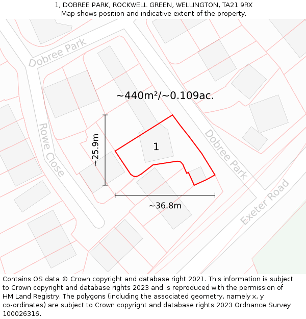 1, DOBREE PARK, ROCKWELL GREEN, WELLINGTON, TA21 9RX: Plot and title map