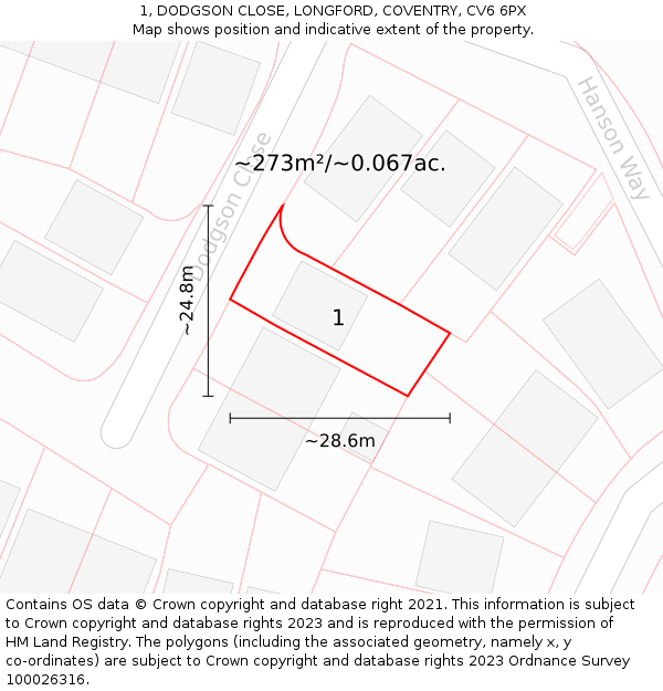 1, DODGSON CLOSE, LONGFORD, COVENTRY, CV6 6PX: Plot and title map