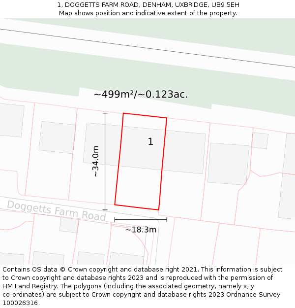 1, DOGGETTS FARM ROAD, DENHAM, UXBRIDGE, UB9 5EH: Plot and title map