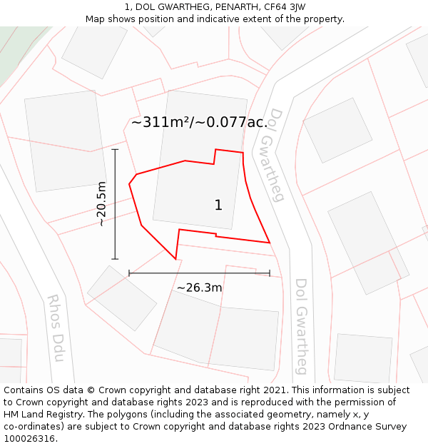 1, DOL GWARTHEG, PENARTH, CF64 3JW: Plot and title map