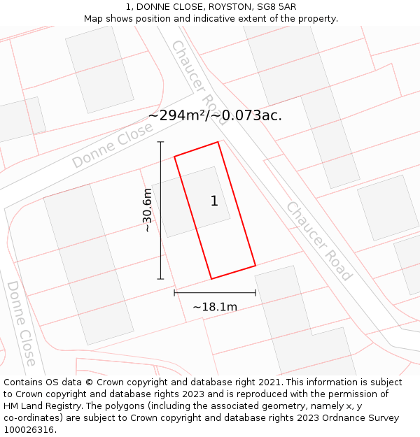 1, DONNE CLOSE, ROYSTON, SG8 5AR: Plot and title map