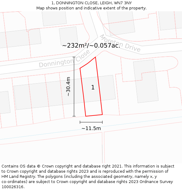 1, DONNINGTON CLOSE, LEIGH, WN7 3NY: Plot and title map