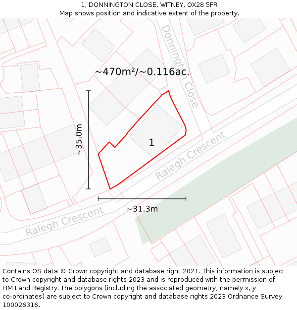 1, DONNINGTON CLOSE, WITNEY, OX28 5FR: Plot and title map