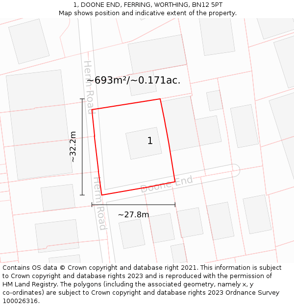 1, DOONE END, FERRING, WORTHING, BN12 5PT: Plot and title map