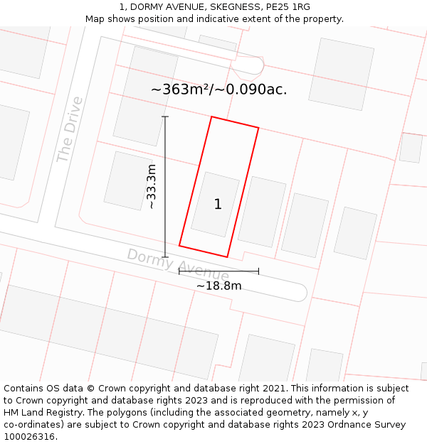 1, DORMY AVENUE, SKEGNESS, PE25 1RG: Plot and title map