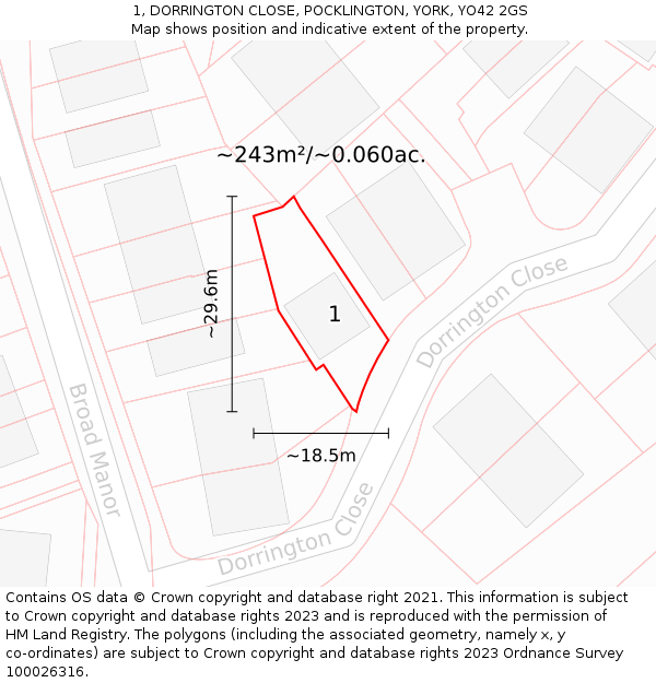 1, DORRINGTON CLOSE, POCKLINGTON, YORK, YO42 2GS: Plot and title map