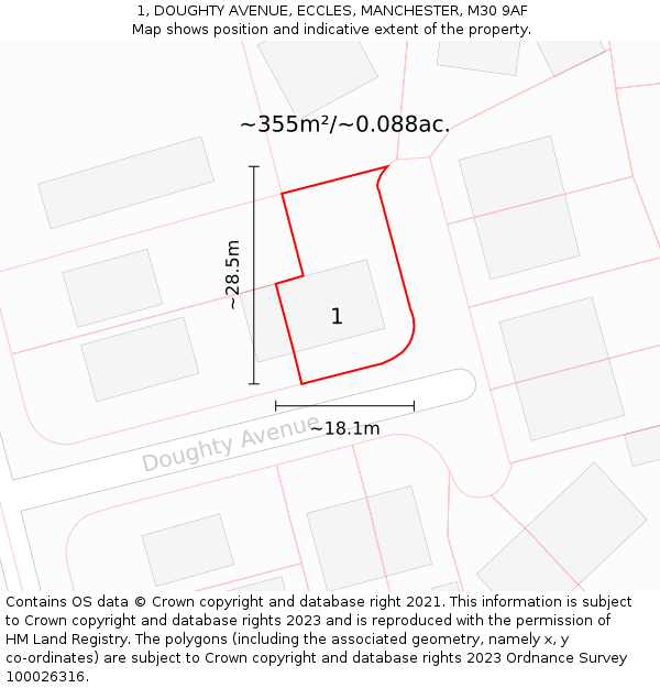 1, DOUGHTY AVENUE, ECCLES, MANCHESTER, M30 9AF: Plot and title map