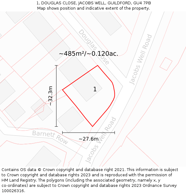 1, DOUGLAS CLOSE, JACOBS WELL, GUILDFORD, GU4 7PB: Plot and title map