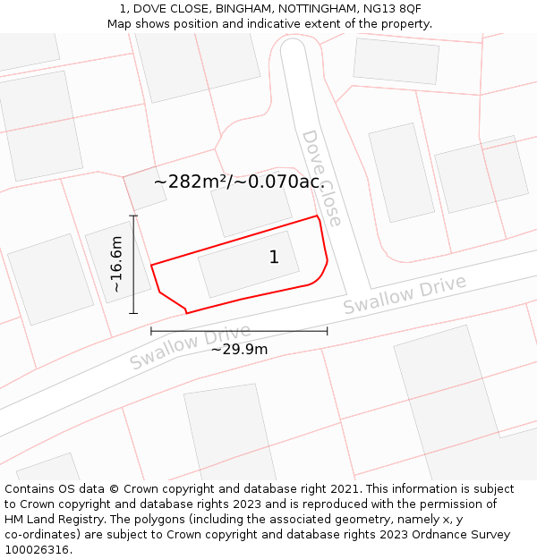 1, DOVE CLOSE, BINGHAM, NOTTINGHAM, NG13 8QF: Plot and title map