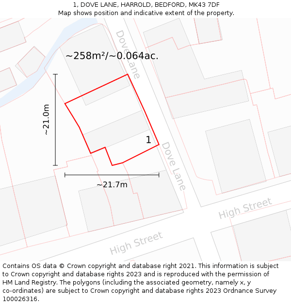 1, DOVE LANE, HARROLD, BEDFORD, MK43 7DF: Plot and title map