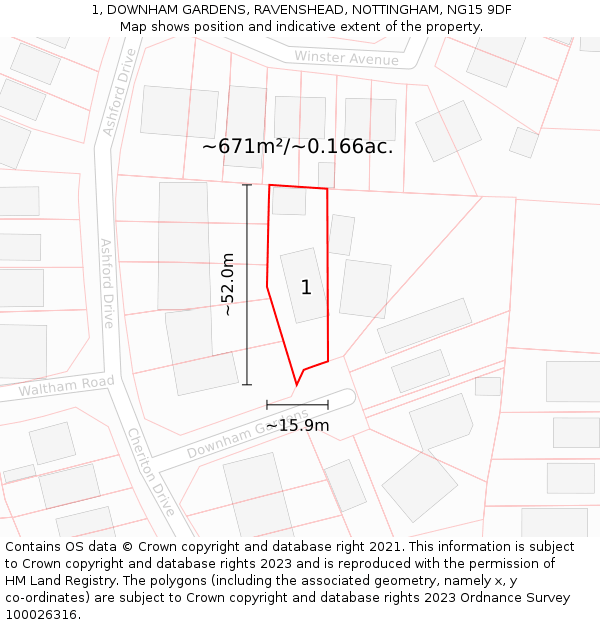 1, DOWNHAM GARDENS, RAVENSHEAD, NOTTINGHAM, NG15 9DF: Plot and title map