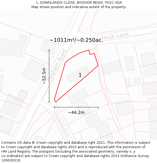 1, DOWNLANDS CLOSE, BOGNOR REGIS, PO21 3QA: Plot and title map