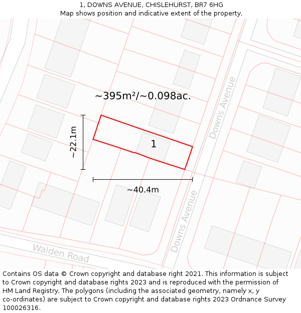 1, DOWNS AVENUE, CHISLEHURST, BR7 6HG: Plot and title map