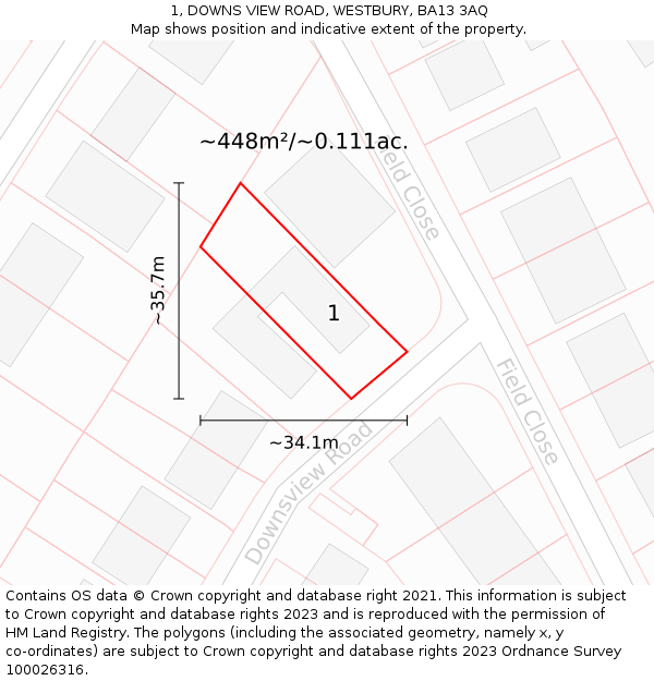 1, DOWNS VIEW ROAD, WESTBURY, BA13 3AQ: Plot and title map