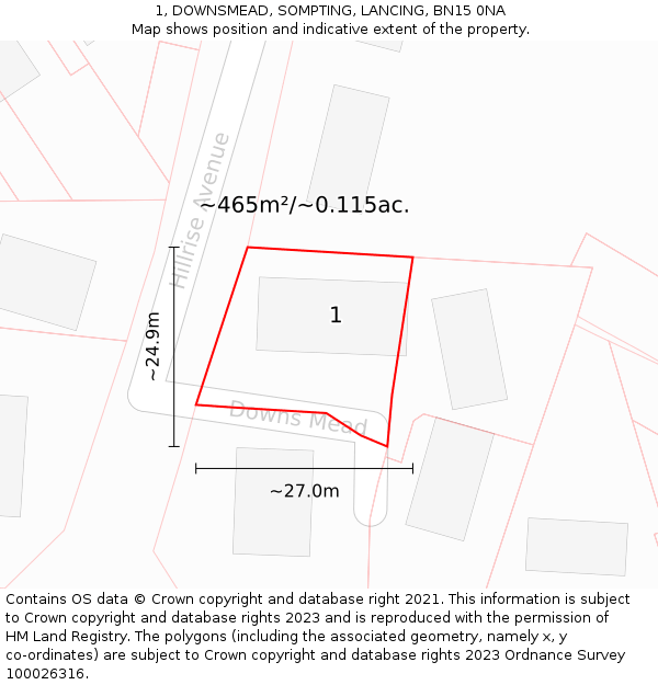 1, DOWNSMEAD, SOMPTING, LANCING, BN15 0NA: Plot and title map