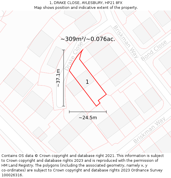 1, DRAKE CLOSE, AYLESBURY, HP21 8FX: Plot and title map