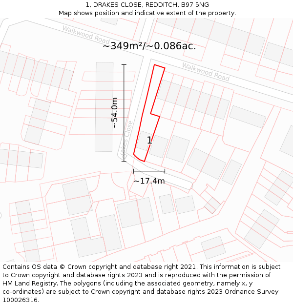 1, DRAKES CLOSE, REDDITCH, B97 5NG: Plot and title map