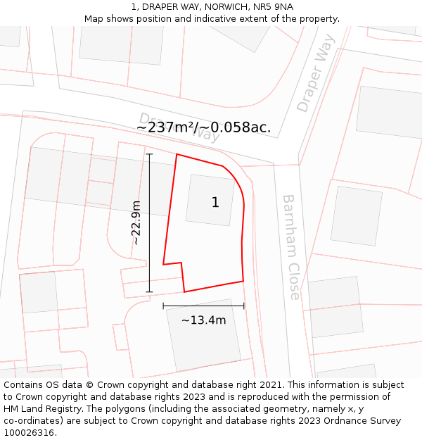 1, DRAPER WAY, NORWICH, NR5 9NA: Plot and title map