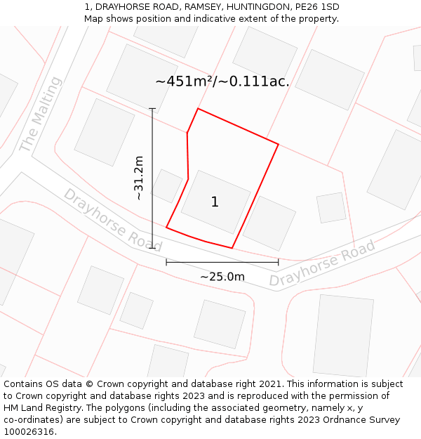 1, DRAYHORSE ROAD, RAMSEY, HUNTINGDON, PE26 1SD: Plot and title map