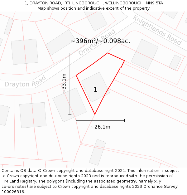 1, DRAYTON ROAD, IRTHLINGBOROUGH, WELLINGBOROUGH, NN9 5TA: Plot and title map