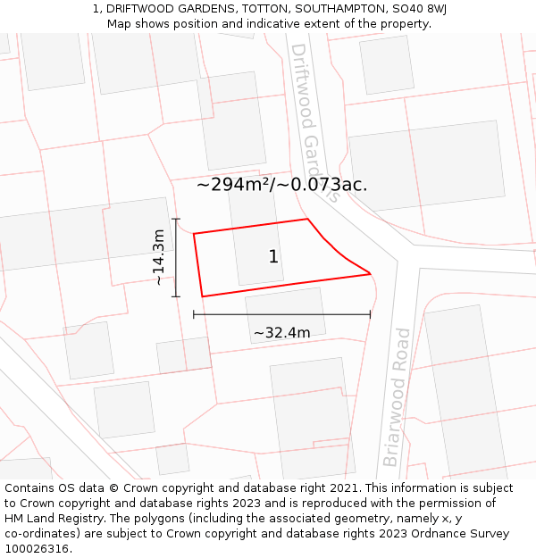 1, DRIFTWOOD GARDENS, TOTTON, SOUTHAMPTON, SO40 8WJ: Plot and title map
