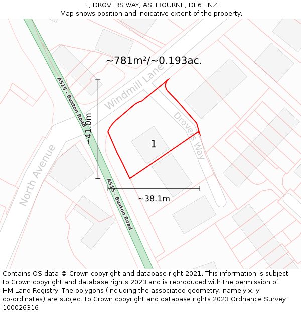 1, DROVERS WAY, ASHBOURNE, DE6 1NZ: Plot and title map