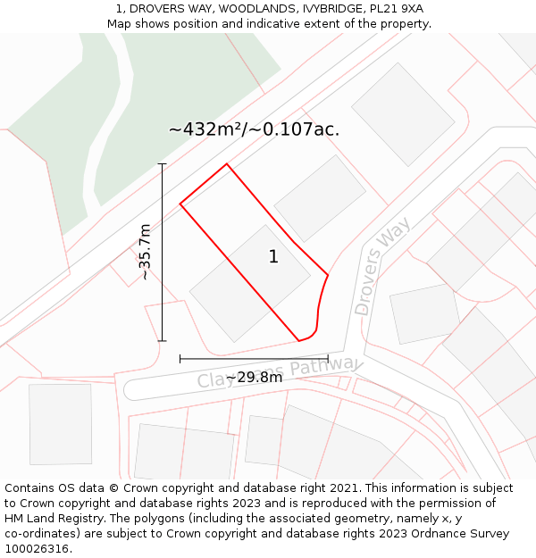 1, DROVERS WAY, WOODLANDS, IVYBRIDGE, PL21 9XA: Plot and title map