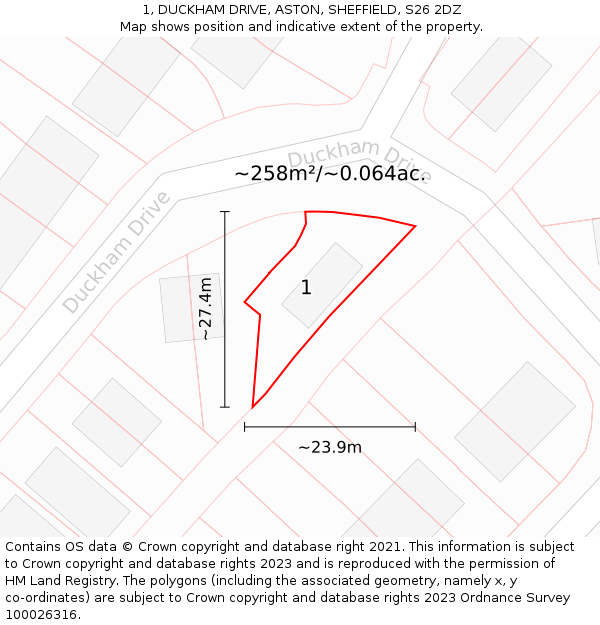 1, DUCKHAM DRIVE, ASTON, SHEFFIELD, S26 2DZ: Plot and title map