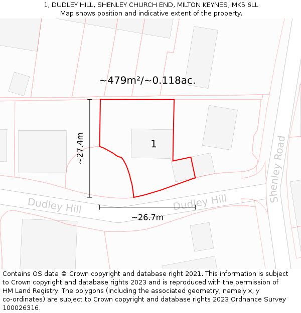 1, DUDLEY HILL, SHENLEY CHURCH END, MILTON KEYNES, MK5 6LL: Plot and title map