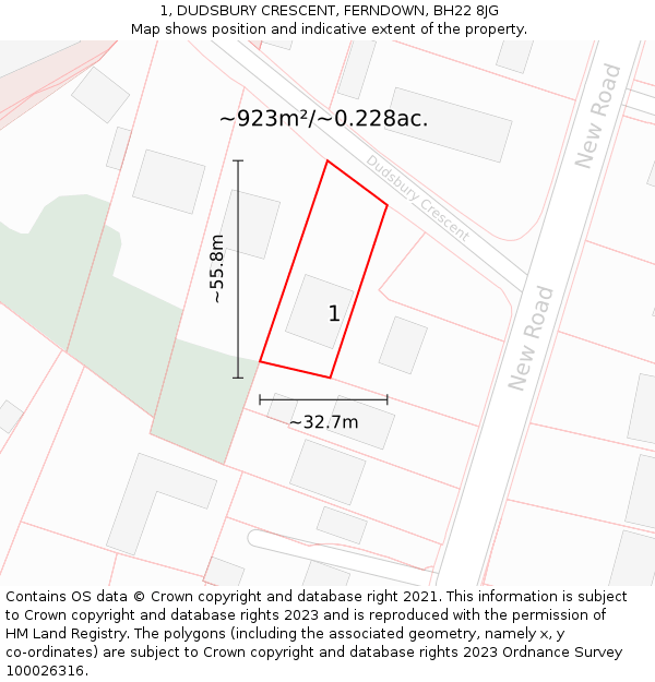 1, DUDSBURY CRESCENT, FERNDOWN, BH22 8JG: Plot and title map