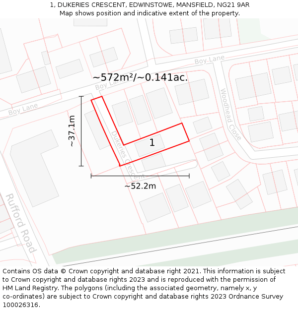 1, DUKERIES CRESCENT, EDWINSTOWE, MANSFIELD, NG21 9AR: Plot and title map