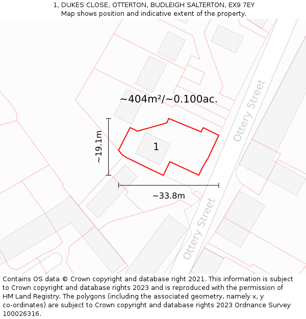 1, DUKES CLOSE, OTTERTON, BUDLEIGH SALTERTON, EX9 7EY: Plot and title map