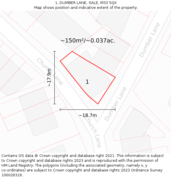 1, DUMBER LANE, SALE, M33 5QX: Plot and title map