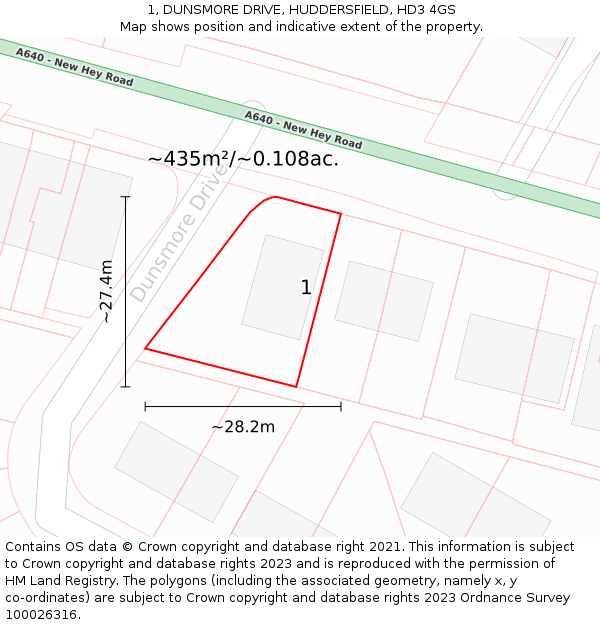 1, DUNSMORE DRIVE, HUDDERSFIELD, HD3 4GS: Plot and title map