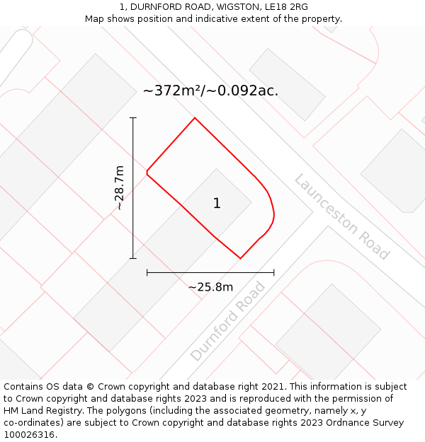 1, DURNFORD ROAD, WIGSTON, LE18 2RG: Plot and title map