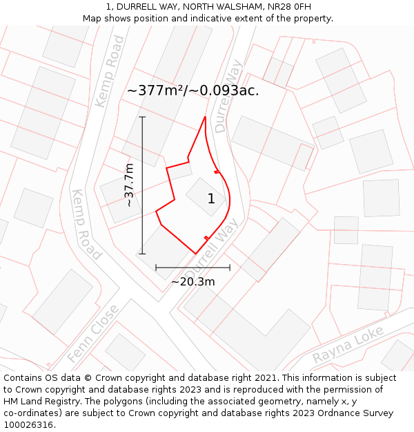 1, DURRELL WAY, NORTH WALSHAM, NR28 0FH: Plot and title map