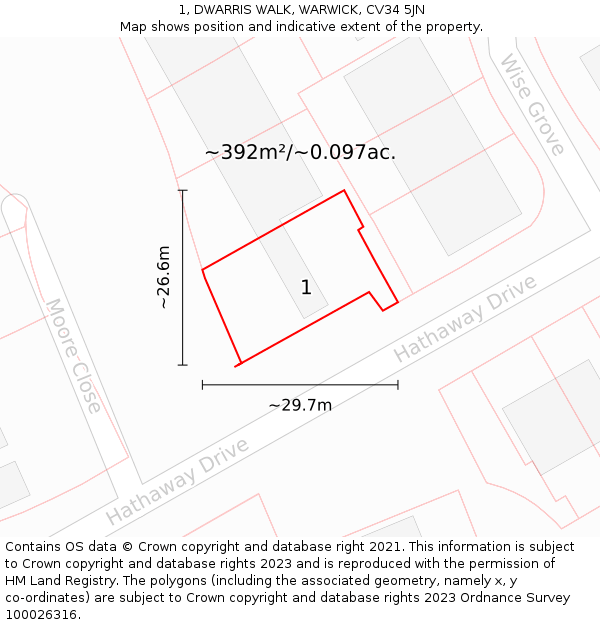 1, DWARRIS WALK, WARWICK, CV34 5JN: Plot and title map