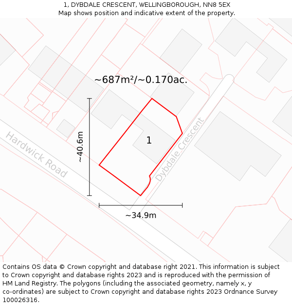 1, DYBDALE CRESCENT, WELLINGBOROUGH, NN8 5EX: Plot and title map