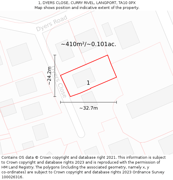 1, DYERS CLOSE, CURRY RIVEL, LANGPORT, TA10 0PX: Plot and title map