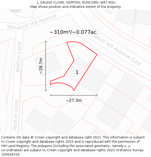 1, EALING CLOSE, NORTON, RUNCORN, WA7 6QU: Plot and title map