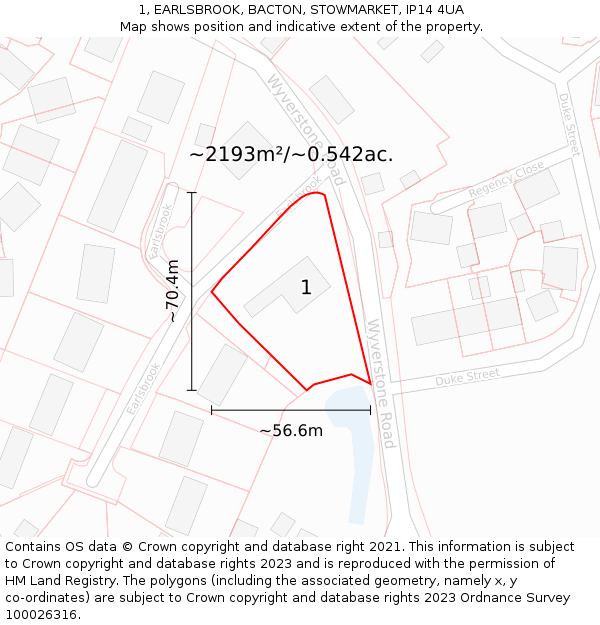 1, EARLSBROOK, BACTON, STOWMARKET, IP14 4UA: Plot and title map