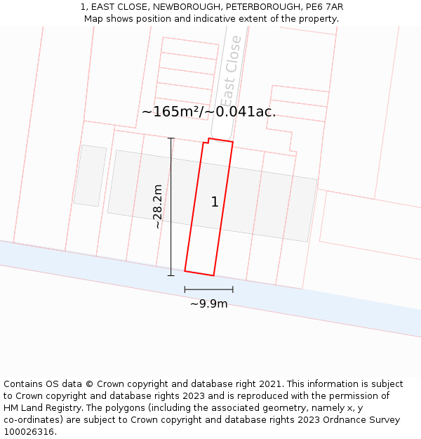 1, EAST CLOSE, NEWBOROUGH, PETERBOROUGH, PE6 7AR: Plot and title map