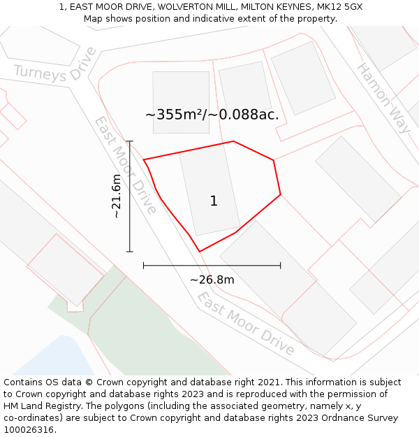 1, EAST MOOR DRIVE, WOLVERTON MILL, MILTON KEYNES, MK12 5GX: Plot and title map