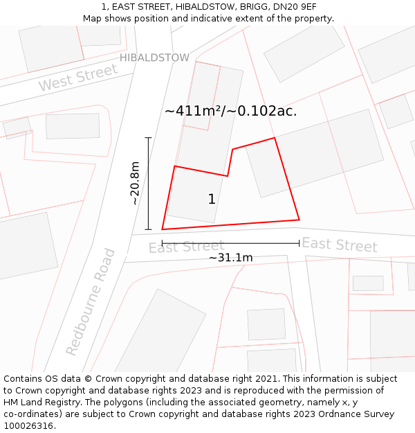 1, EAST STREET, HIBALDSTOW, BRIGG, DN20 9EF: Plot and title map